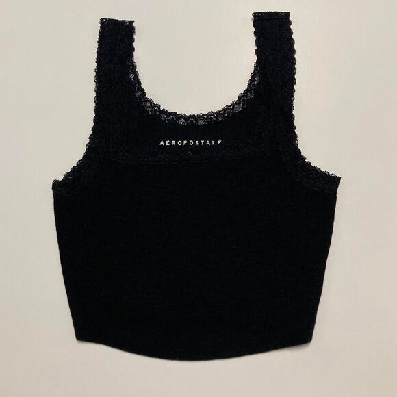 Aeropostale Black Lace Trim Ribbed Tank Crop Top Women's Small - Picture 1 of 8